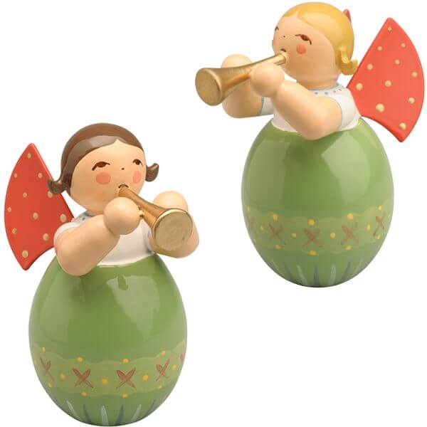 Blond and Brown Hair Angels with Small Trumpet in Green Egg with Pattern by Wendt & Kühn Image
